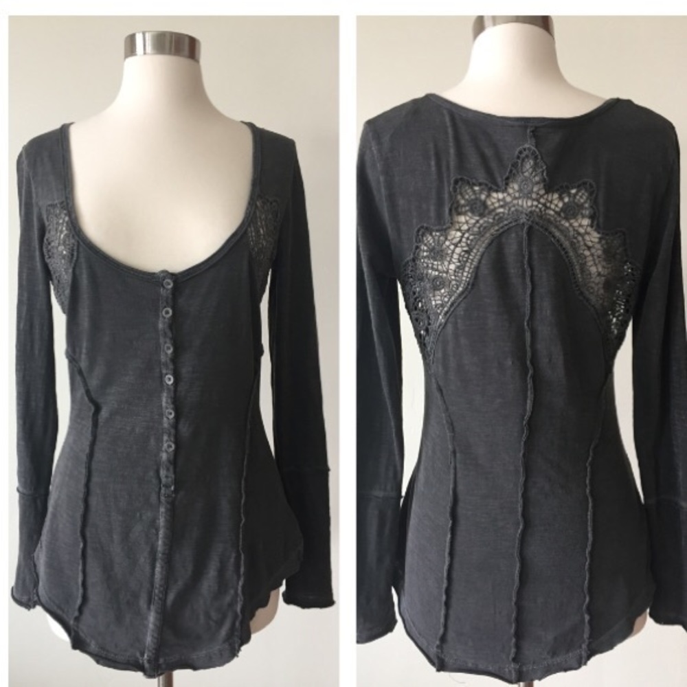 Free People gray long sleeved embroidered top xs